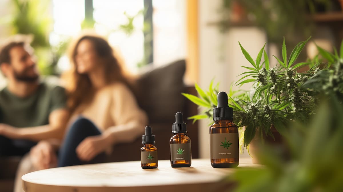couple relaxé et huile de cbd dans un salon